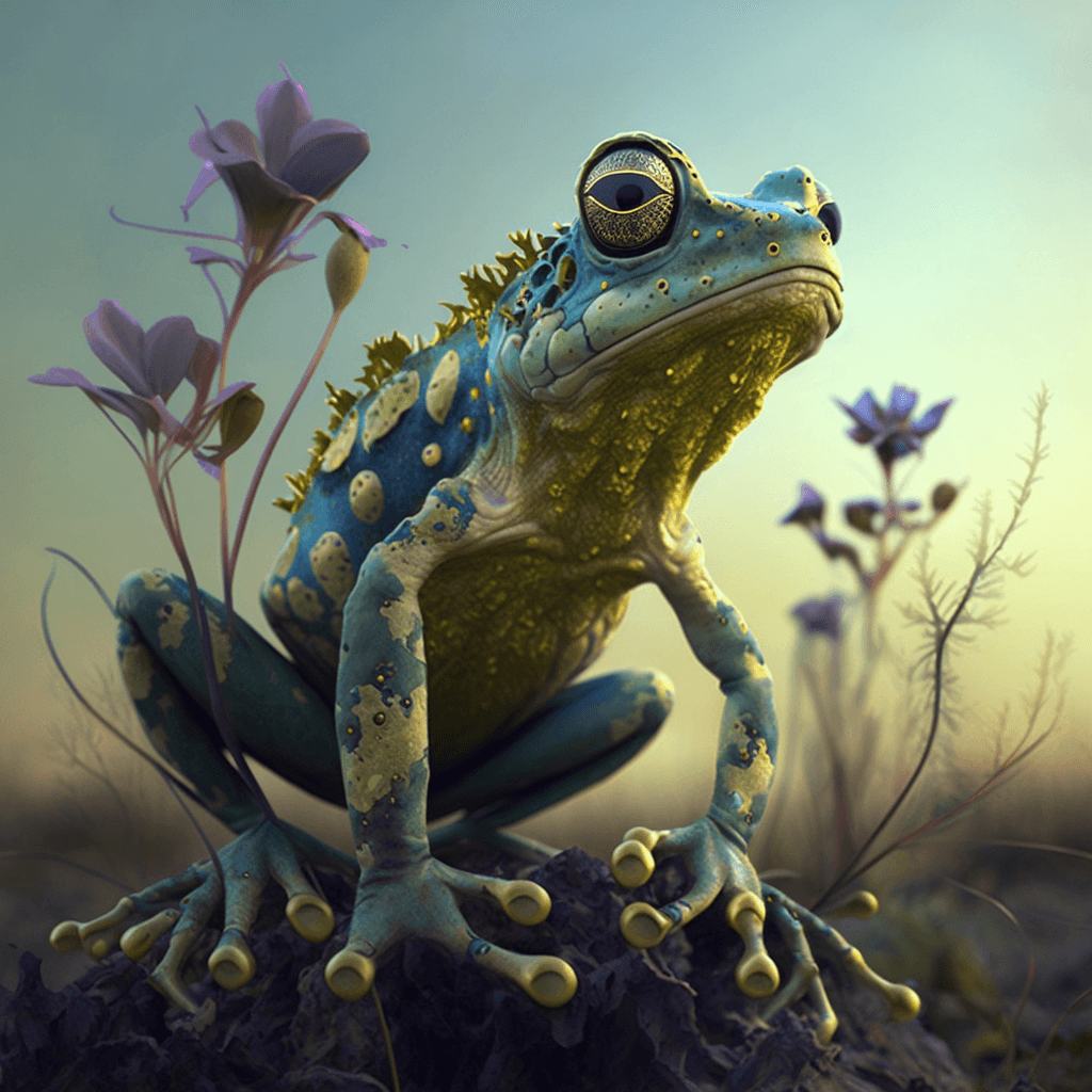 AI generated: frog:: crepuscular::4.8 hyperrealism::1 cyan::1