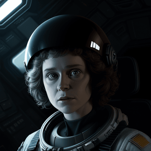 AI generated: Ellen Ripley face of Alien movie, brunette, short hair, real hair movement, astronaut, helmet, on ba...