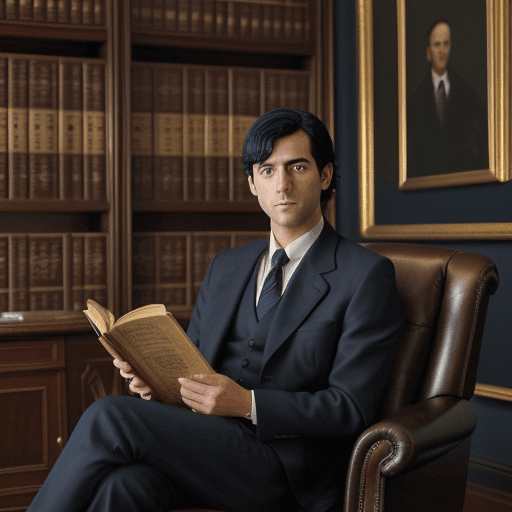 AI generated: a realistic portrait of a lawyer doing his reading, short black hair, classic navy blue suit, antiqu...