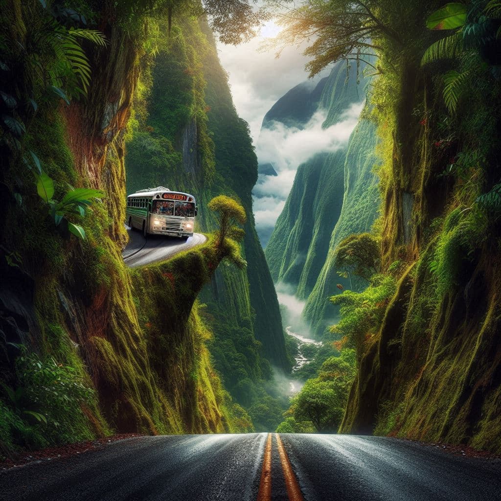 AI generated: A closeup view of a bus driving a dangerous, ultra-narrow and unpaved road in Peru. Background is an...