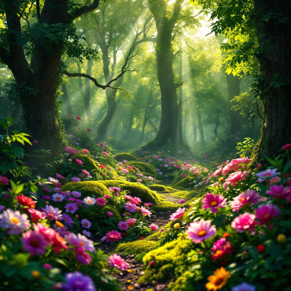 AI generated: bush, day, fantasy, flower, forest, grass, green theme, leaf, light rays, moss, nature, no humans, o...