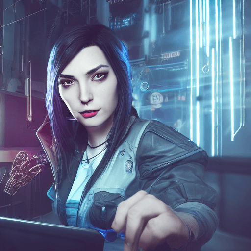 AI generated: A close up portrait of an inspired female cyberpunk biohacker working at her desk, artgerm, volumetr...