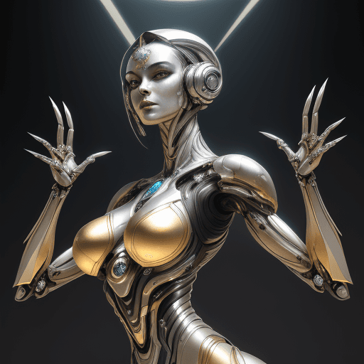 AI generated: a futuristic mechanical woman is posing with an open hand, in the style of dark silver and light gol...