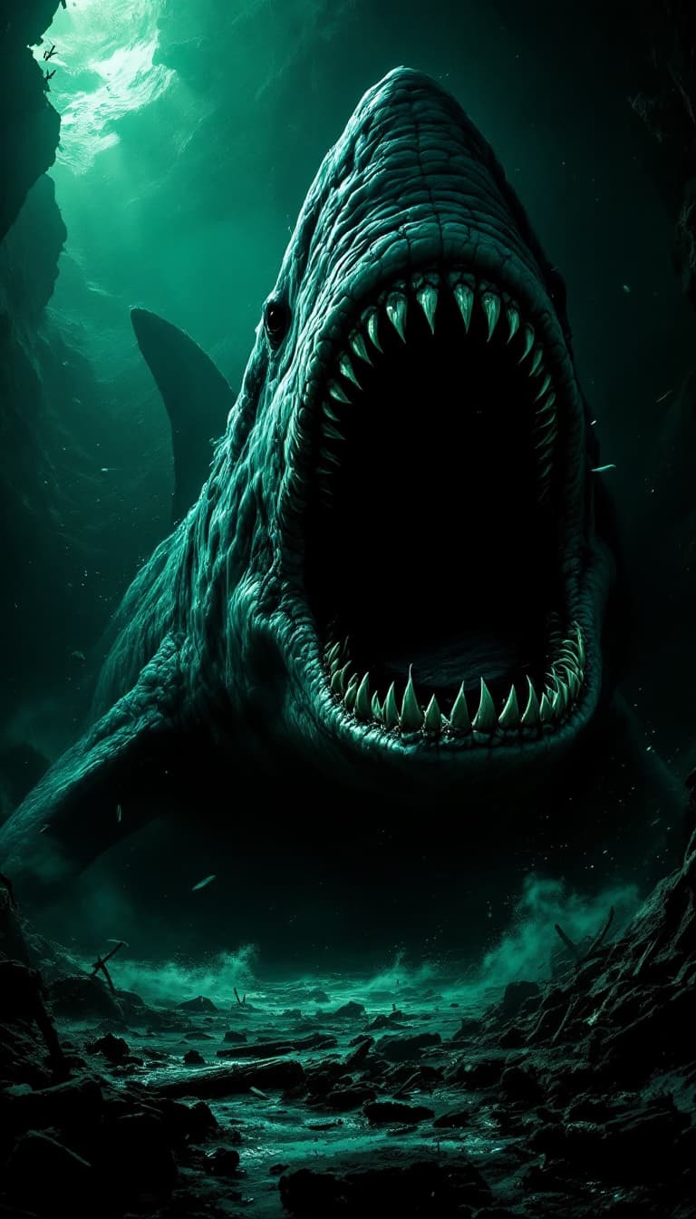 AI generated: A massive, terrifying Megalodon swimming through a dark, ancient ocean trench. Its entire colossal b...