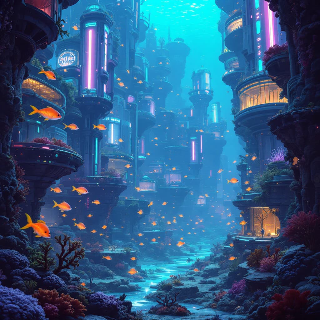 AI generated: A surreal underwater metropolis where buildings are half coral reef, half futuristic architecture. D...