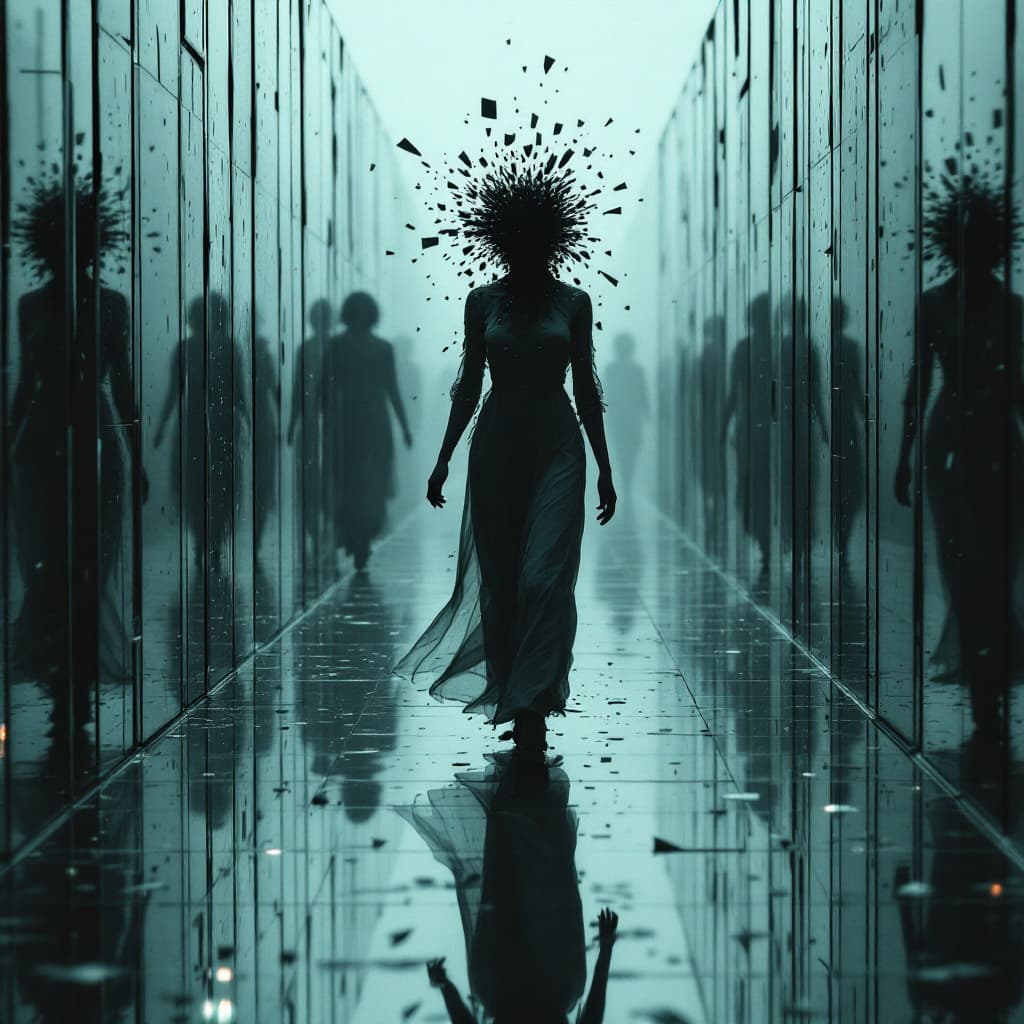 AI generated: A solitary reflection walker, with her face hidden behind a shifting mask of countless fragments of ...