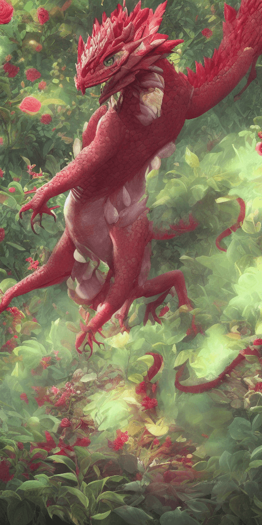 AI generated: handsome cute Rose dragon in flower garden, dnd character, background focus, fantasy, magic, smooth ...