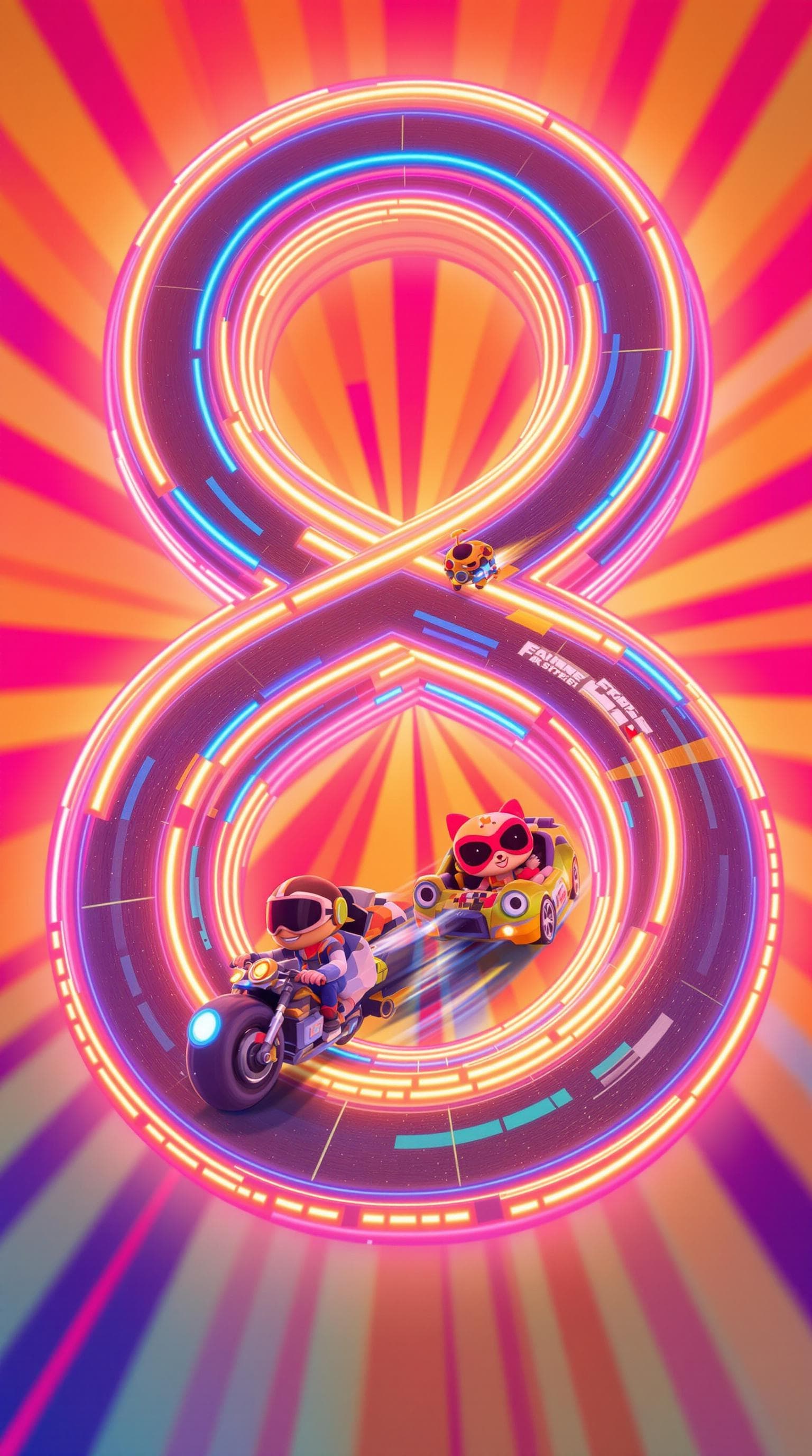 AI generated: warped and twisted image of the figure 8 laid out as a racetrack with two cartoon characters driving...
