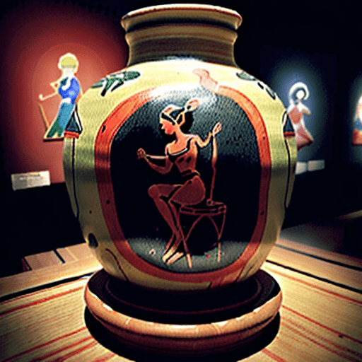 AI generated: a 4k photo of a classical greek vase in the "red-figure pottery" style sitting in a museum depicting...