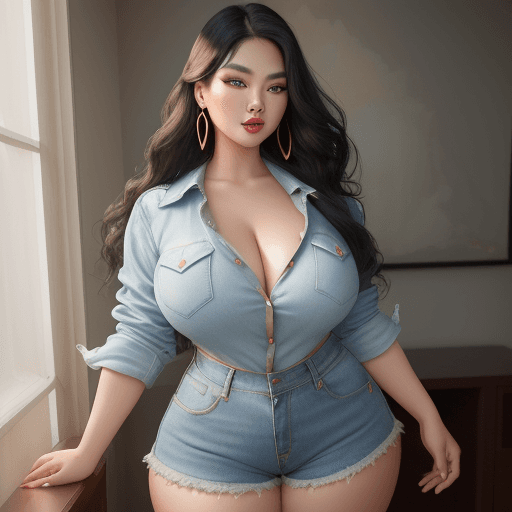AI generated: A captivating full-body portrait of a voluptuous Asian woman, with dark, wavy hair cascading down he...