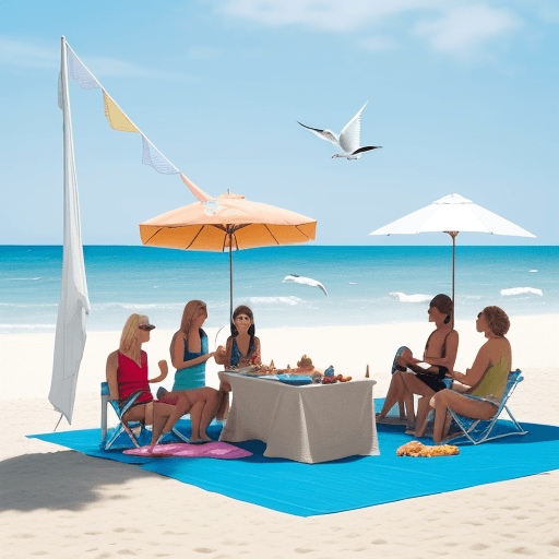 AI generated: A group of friends enjoying a day at the beach.The sun is shining and the sky is clear.Waves are gen...