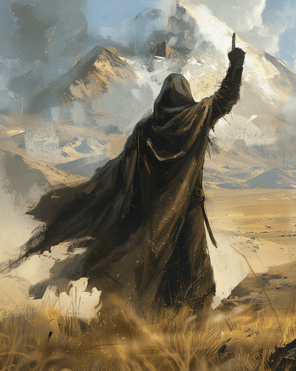 AI generated: The body had an articulated arm with a fist raised towards the sky, with mountains in the background...