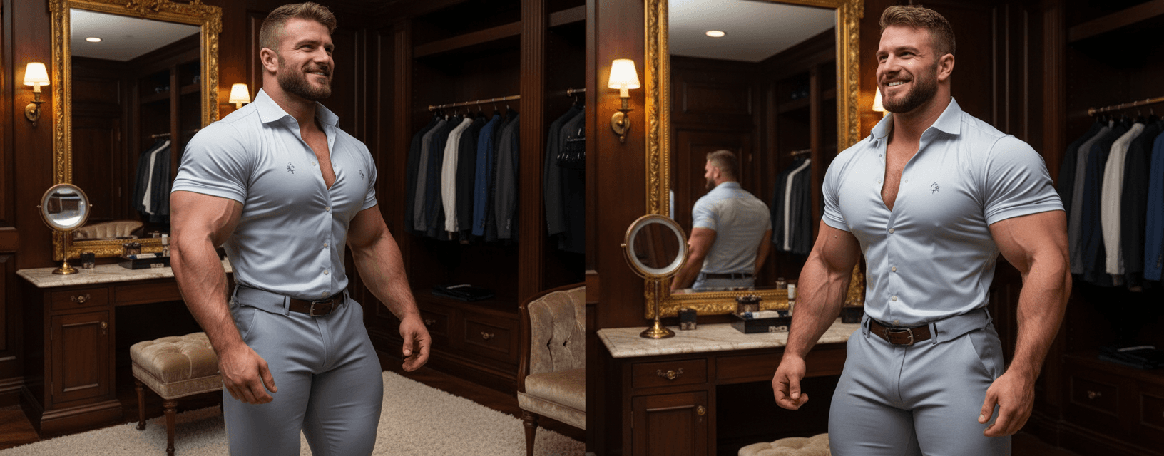 AI generated: The bodybuilder is 6'4" tall, he has huge muscular shoulders and super extra huge muscular legs. He ...