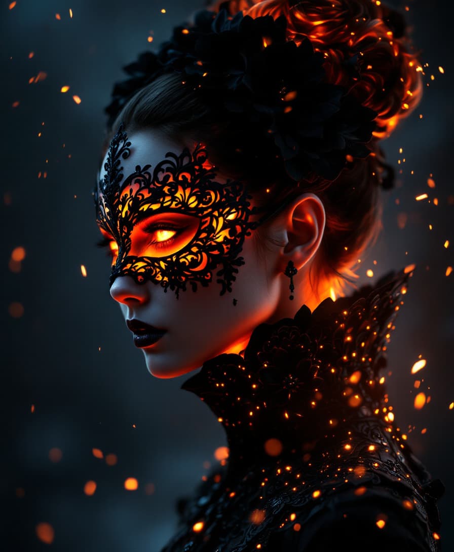 AI generated: female figure in profile, with an elaborate hairstyle adorned with black floral ornaments. She wears...