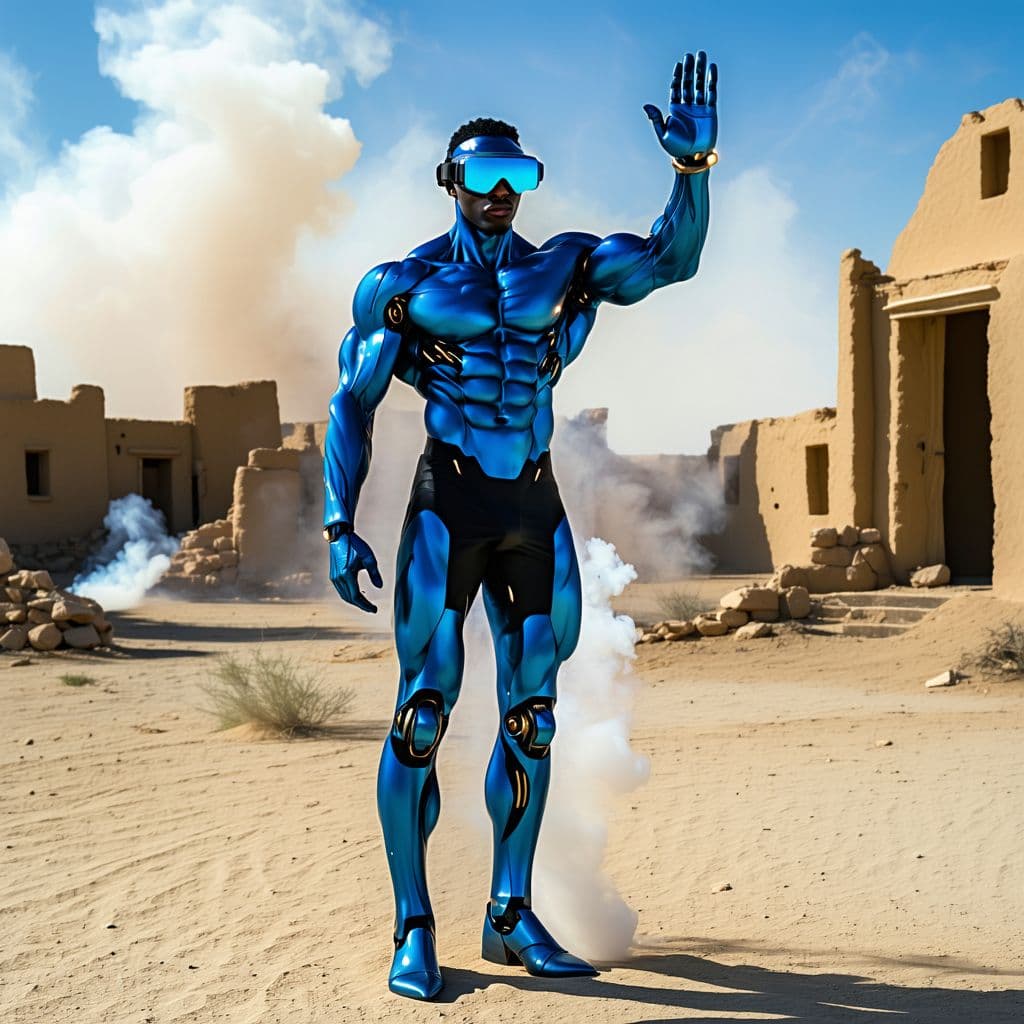 AI generated: A muscular man full body in blue body futuristic goggles stands on the ground, abs, fit, waving his ...