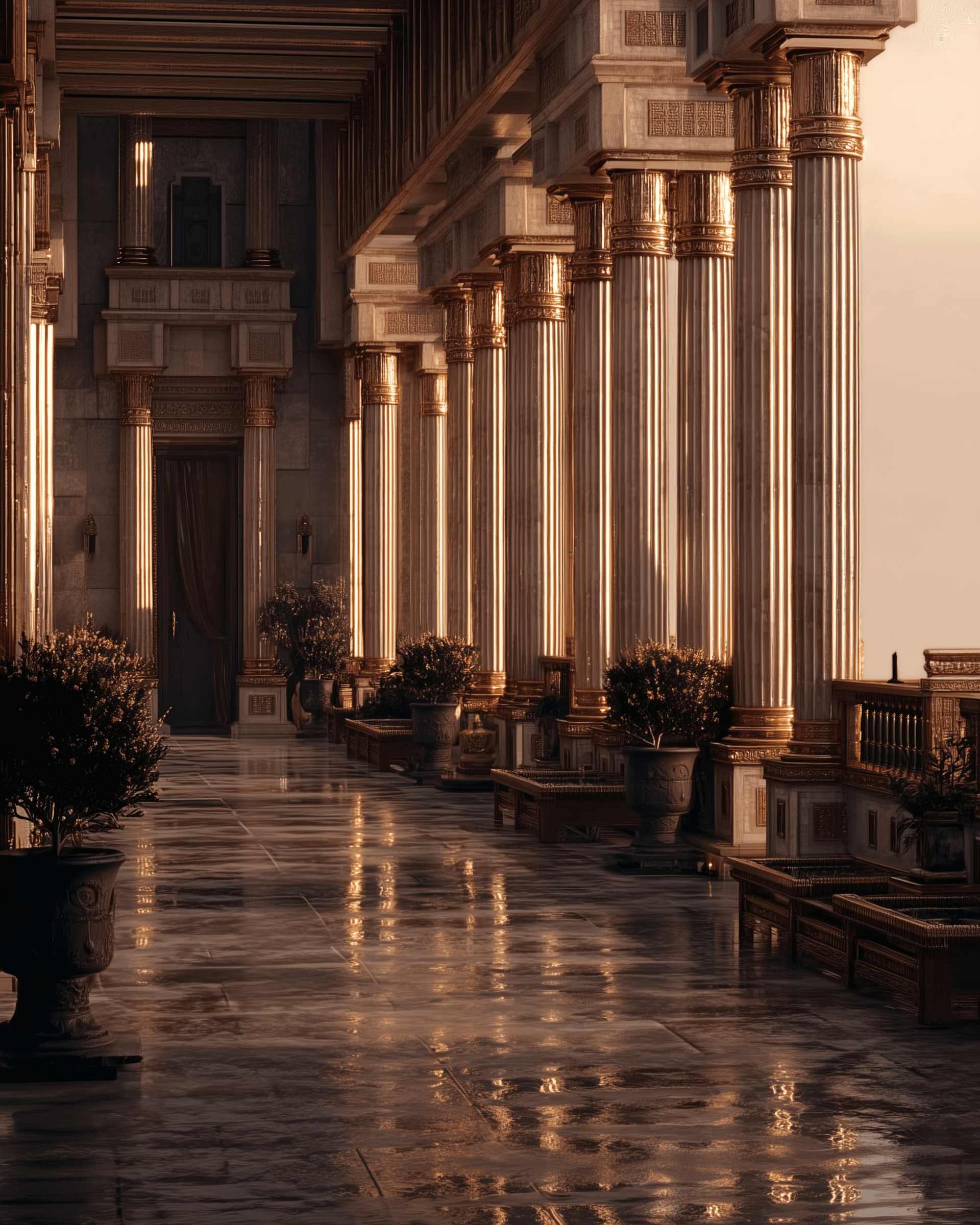 AI generated: A grand entrance to an ancient Greek palace, with towering columns and marble floors reflecting the ...