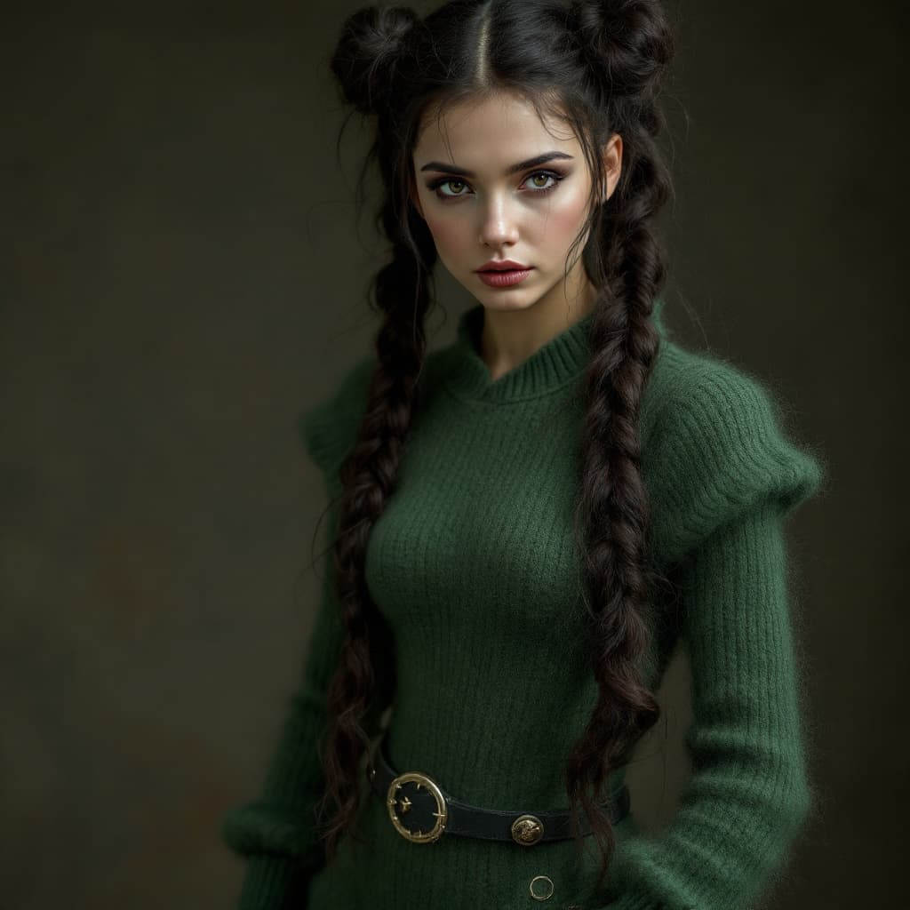 AI generated: jane kaczmarek green coverall-bodysuit hairy mohair clothes twintails hairy wool knitted bodysuit