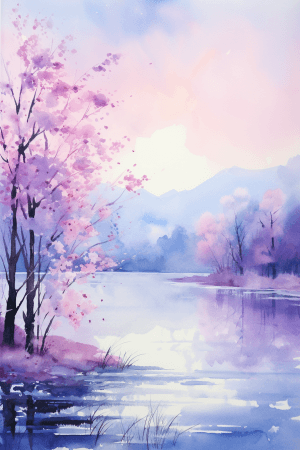 AI generated: Sparklecore Impressionism, Watercolor, Soft Brushwork, Serene Landscapes, Tranquil Lake, Glistening ...