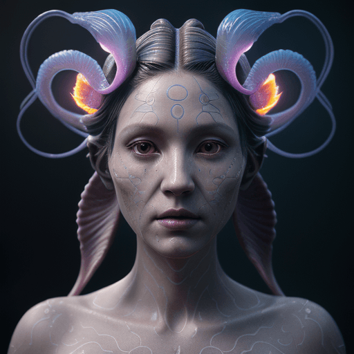 AI generated: Goddess close-up portrait ribcagel. jellyfish phoenix head, nautilus, orchid, skull, betta fish, bio...