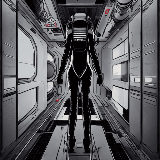 AI generated: Girl in spacesuit, spaceship inside, Tsutomu Nihei style, Sidonia no Kishi, gigantism, laser generat...