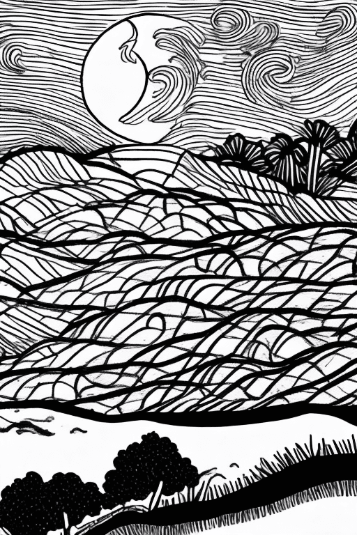 AI generated: landscape with moon, black lines white background, coloring page for beginners