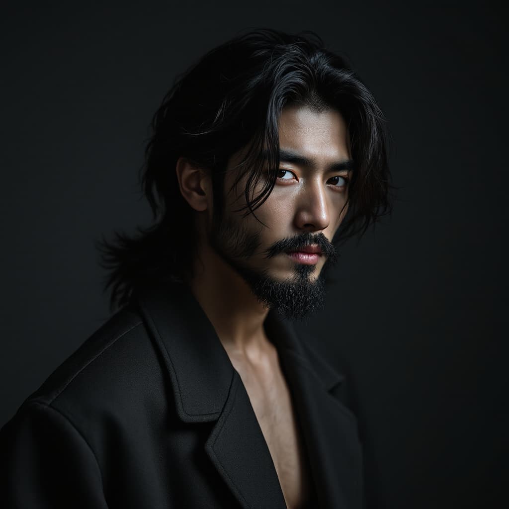 AI generated: photograph, upper-girl, korean man model, minimalist fashion style, stylish nessy long hairstyle, be...