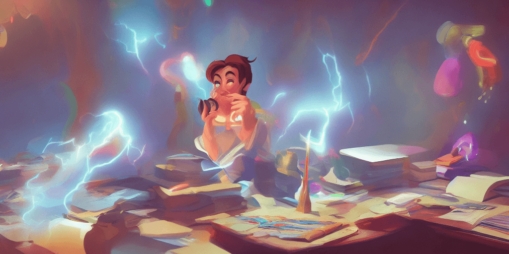 AI generated: a young boyand brown hair is standing at his desk working on a new spell, colorful, flowing energy, ...