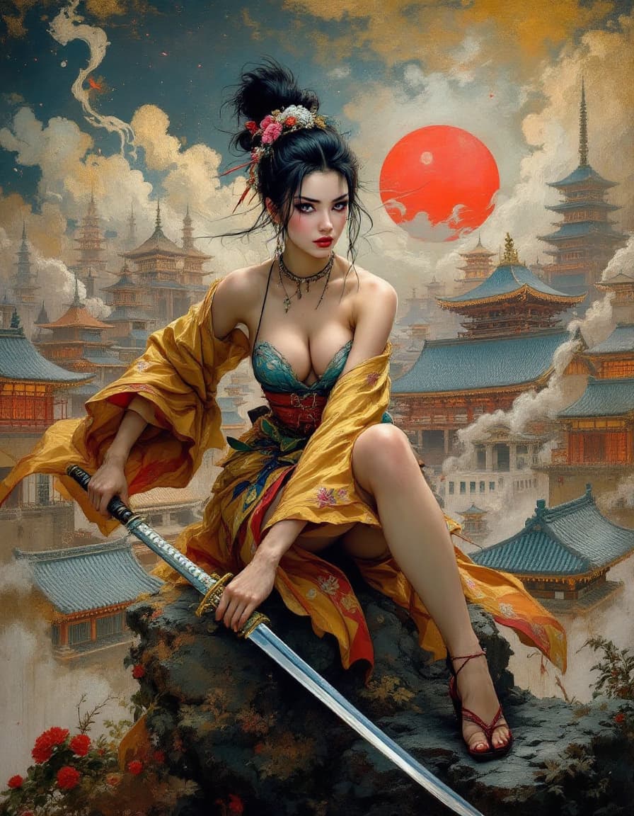 AI generated: Kay Nielsen, Basil Gogos, Alberto Savinio, James Gurney, Surrealism, Japanese female warrior with Ka...