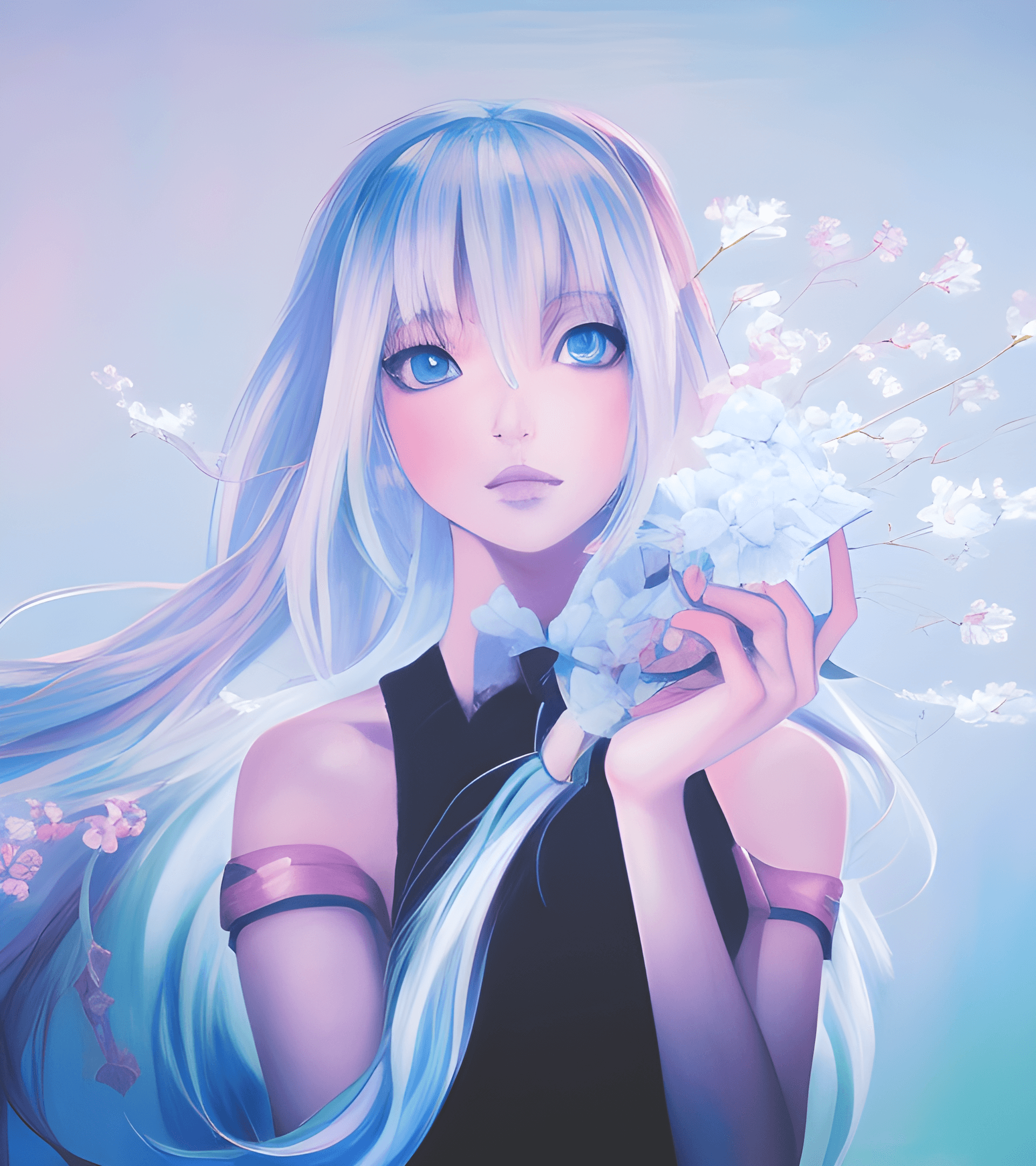 AI generated: a painting of a woman holding a bunch of flowers, an anime drawing, inspired by Ross Tran, aesthetic...