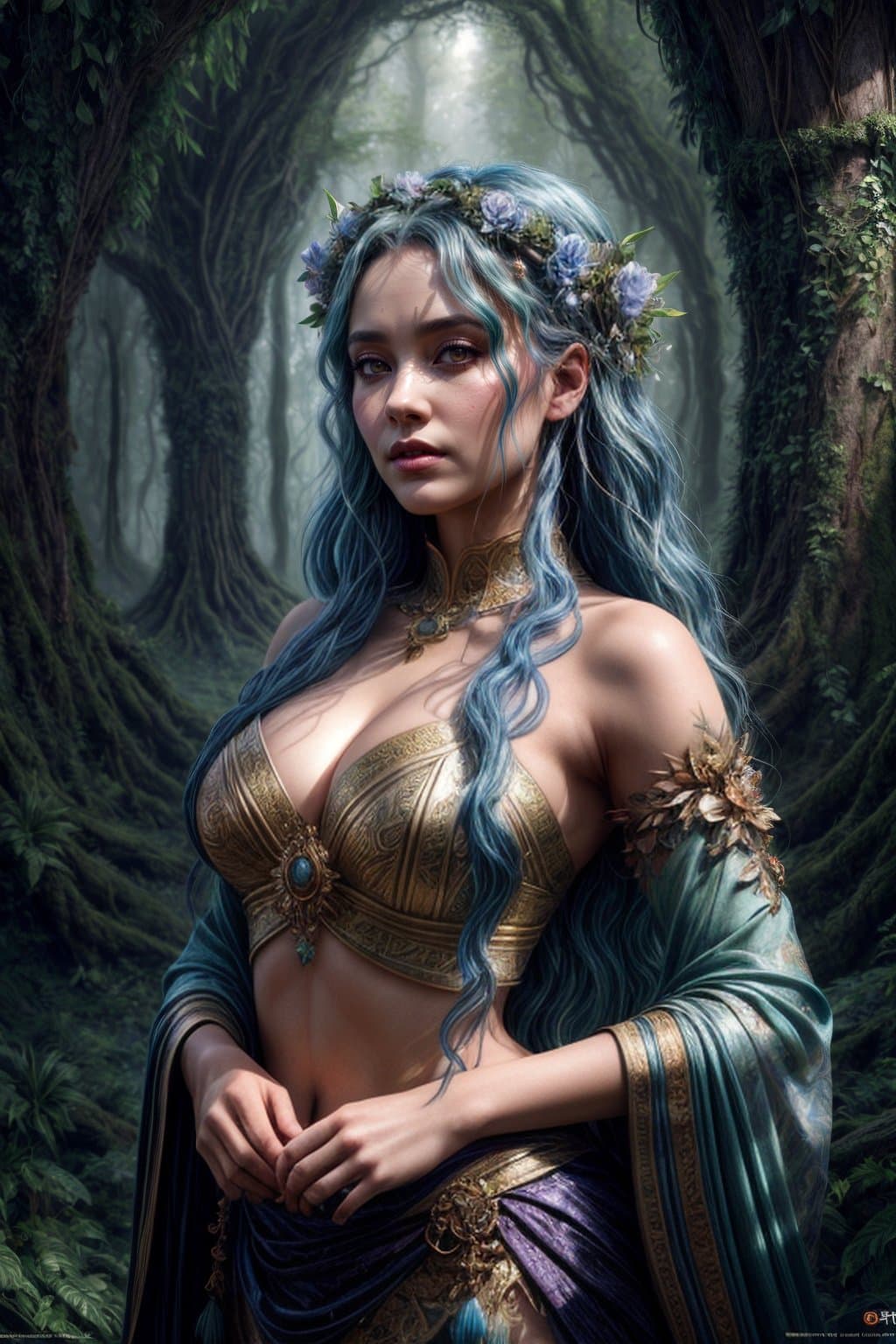 AI generated: goddess dryad of the forest, strong expression, roots, concept art, rimlights, flowers overgrown, de...