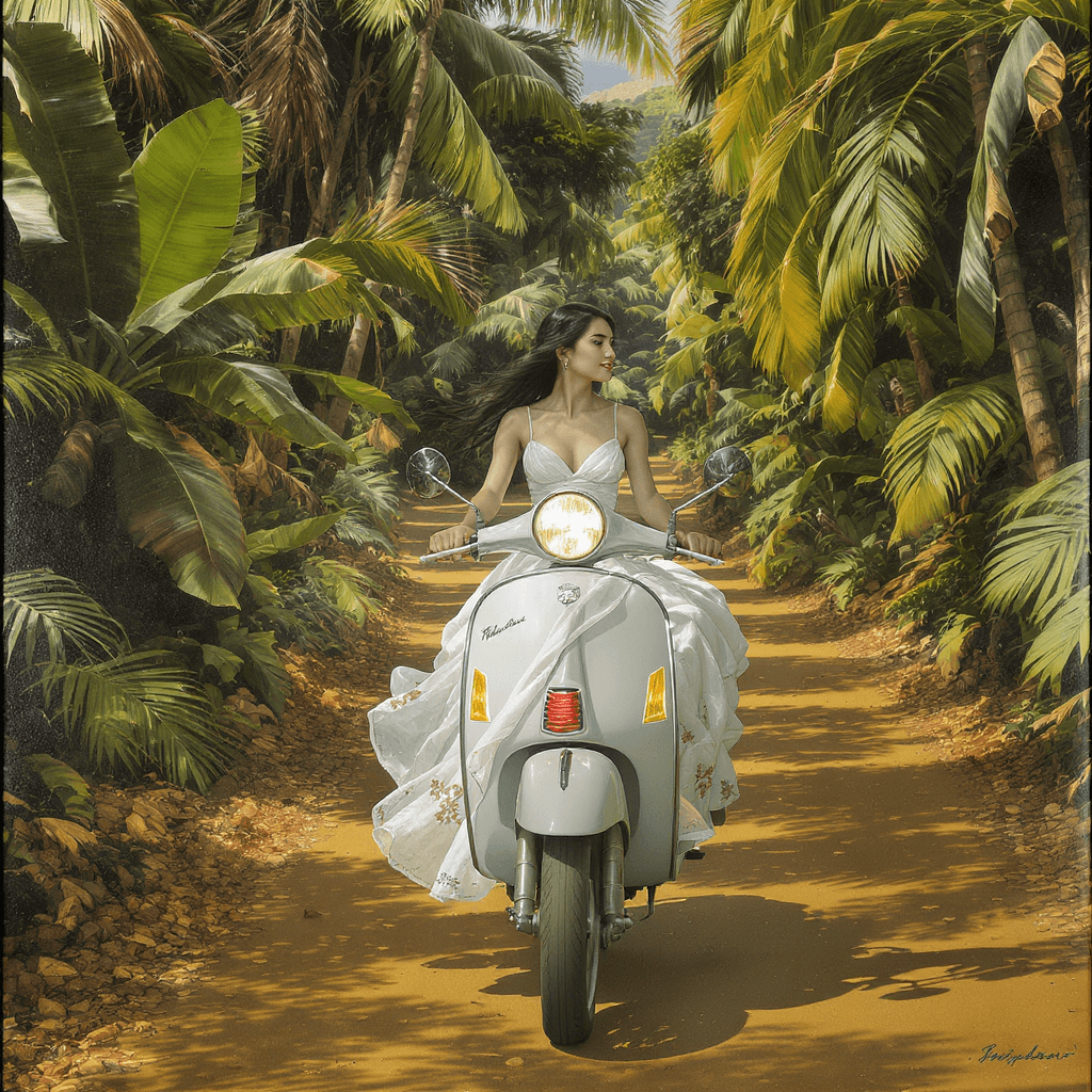 AI generated: renaissance style art work of a beautiful modern day filipino woman riding on a vespa through the tr...