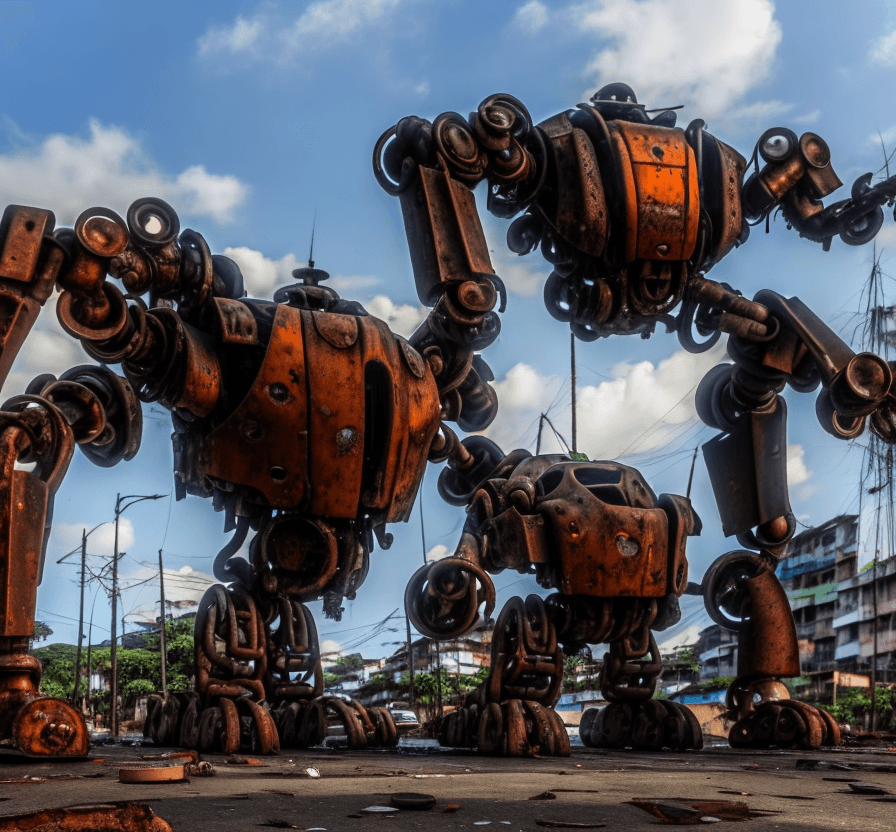 AI generated: a  lost  rusted big mech is down. It is lying on the ground in the street in a  favela. . people are...