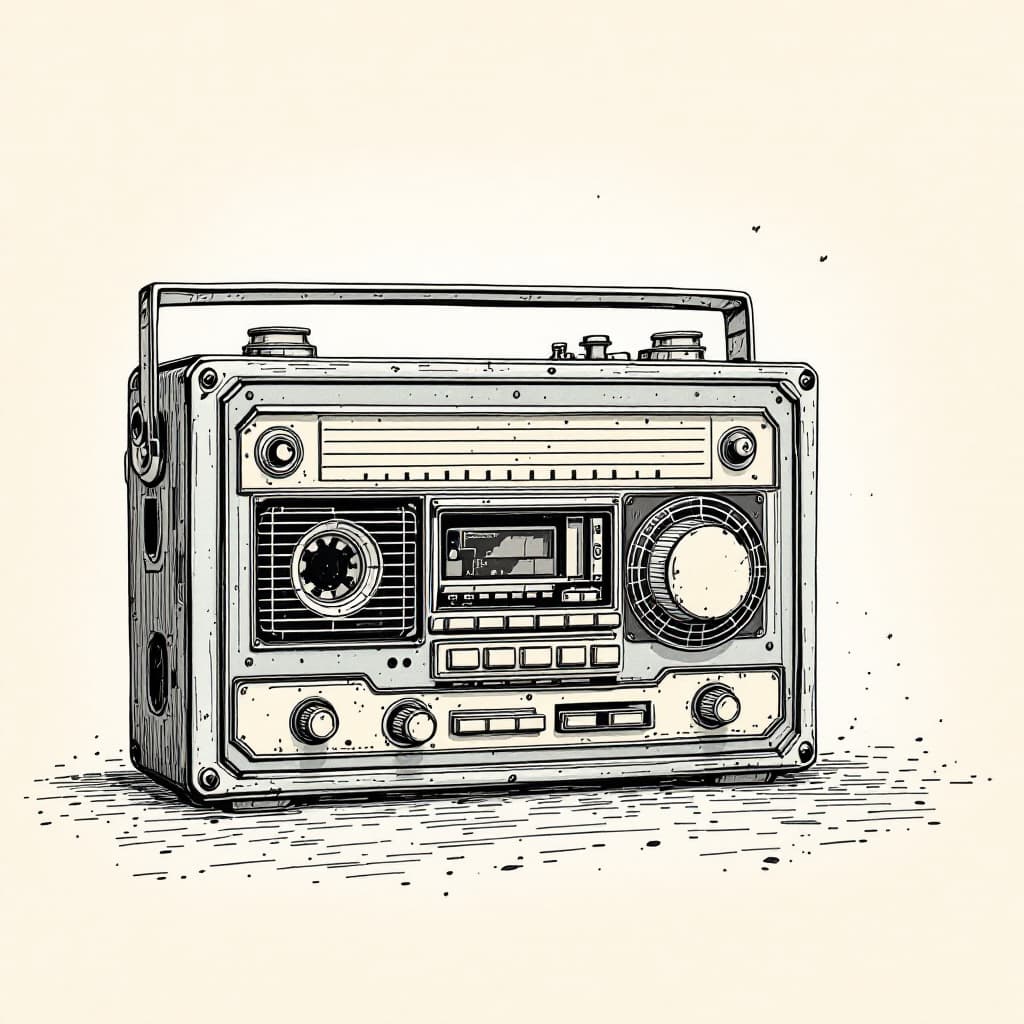 AI generated: A vintage radio cassette set hand-drawn textures, and muted pastel tones