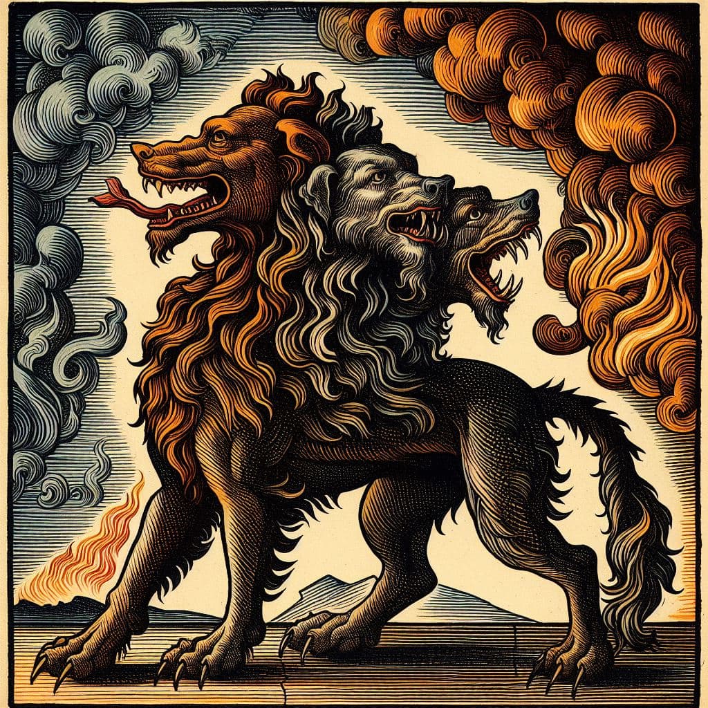 AI generated: A  allegorical representation of a fantasy Cerberus (the hound of hell with three heads), symbolic, ...