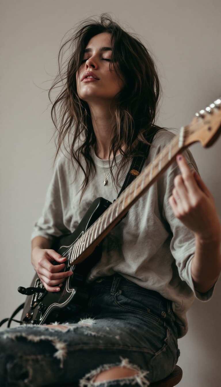 AI generated: A soulful and introspective portrait of a cool indie-rock musician. She's strumming a guitar, her ey...