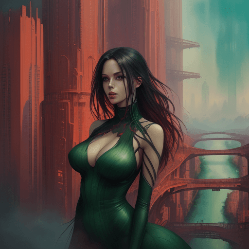 AI generated: Watercolor masterpiece, red cityscape, tall structures, winding rivers, green hills, captivating fem...