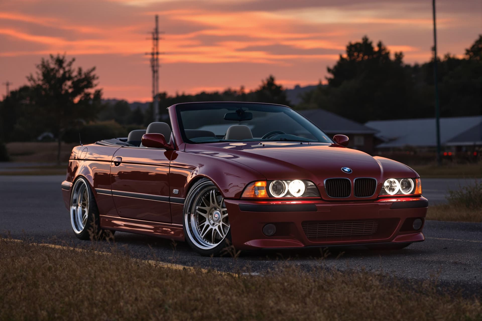 AI generated: dark red bmw e39 M5 convertible with BBS LM wheels, lit angel eyes, cinematic, hyper realism, high d...