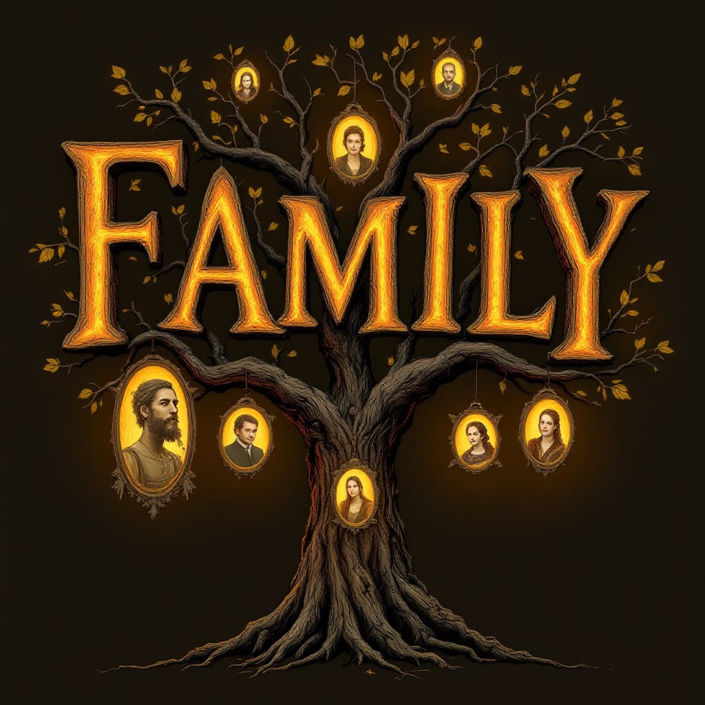 AI generated: 11.	"Family Tree" in bark-textured letters, branches sprouting out with glowing ancestral portraits ...
