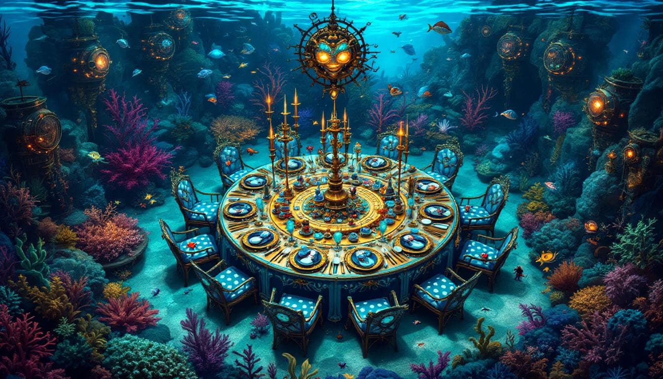 AI generated: **"The Steampunk Merfolk Masquerade"**  

A breathtaking aerial view of an stunning underwater Mas...
