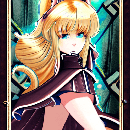 AI generated: (blonde hair, blue eyes, cape, capelet, claws, cleavage, cloak, frilled skirt, garter belt, garter s...