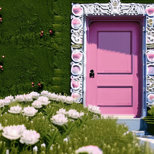 AI generated: --h 2160 --w 3840 a full size ornate pink door in a field of white and pink peonies and roses. Paste...