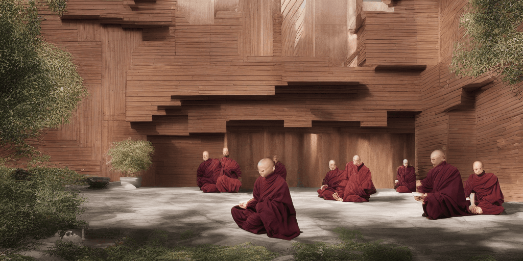 AI generated: High-resolution photography exterieur of a spaceship where monks in dark burgundy red robes are medi...