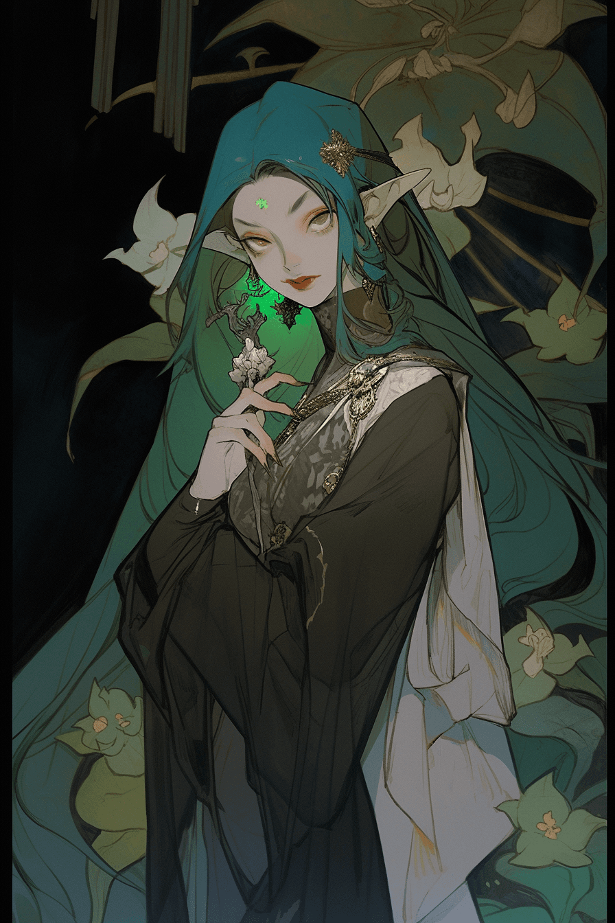 AI generated: A mysterious anime sorcerer from the Tang dynasty with an orchid hair accessory and a jade charm at ...