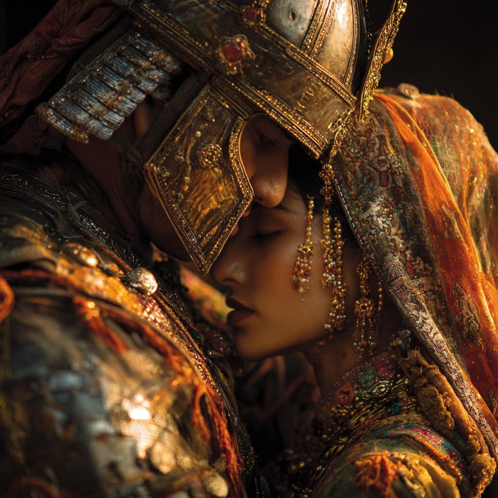 AI generated: Final embrace of an Indian warrior in indian armor and his wife. Both in traditional attire ---v 7