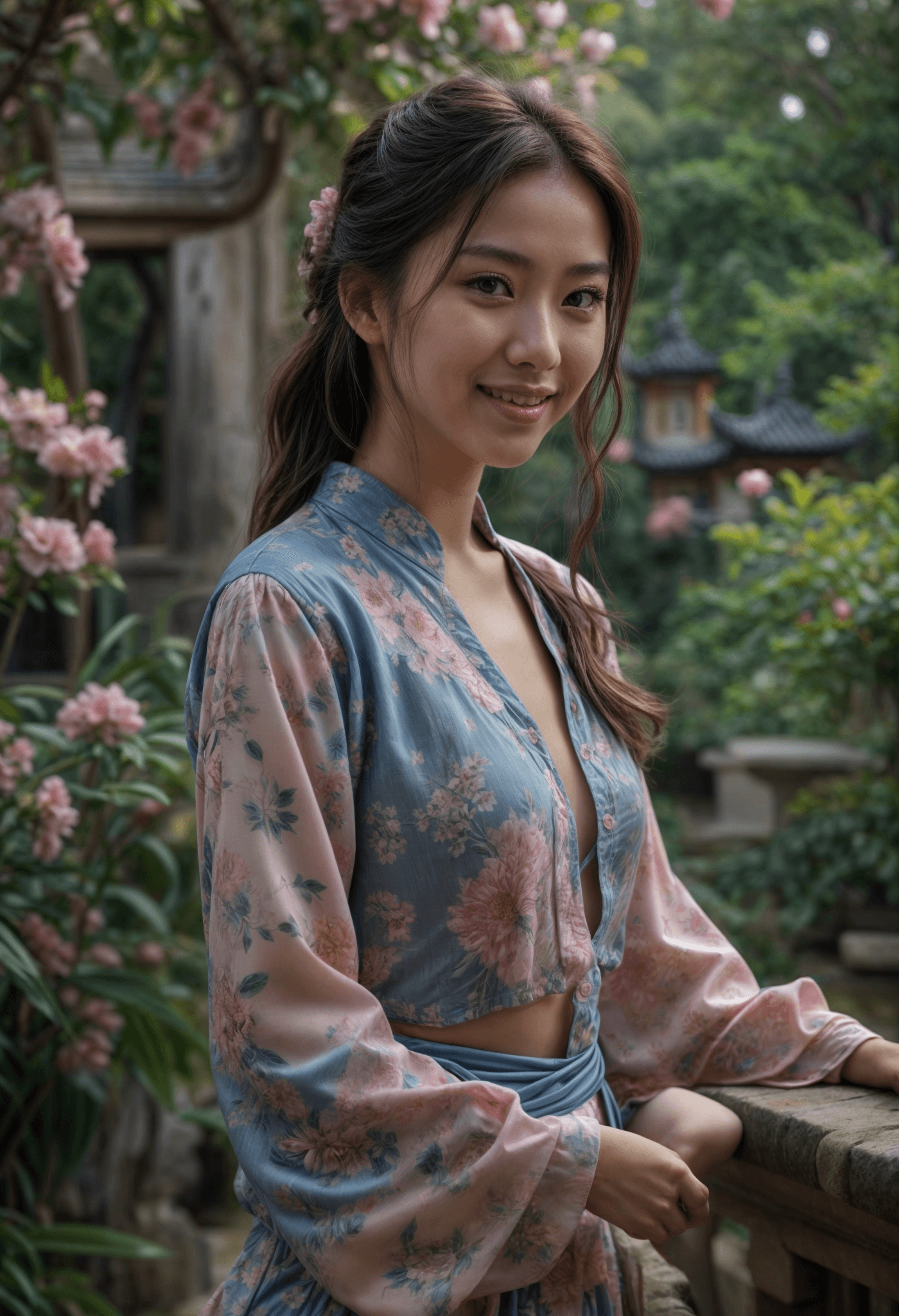 AI generated: full body shot ,chinese blue pink blouse, in the style of dreamy and romantic compositions, floral e...