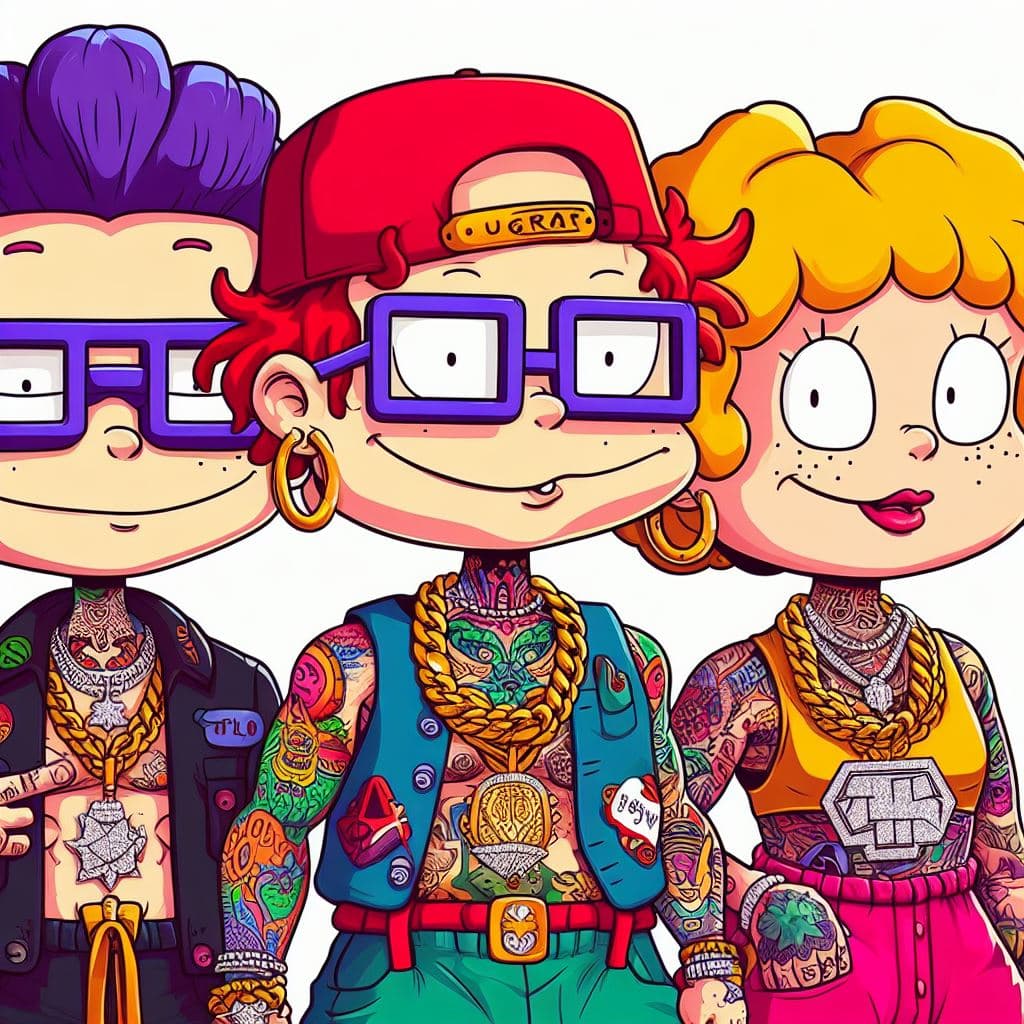 AI generated: RUGRATS characters as adults with tattoos and old school 90s hip hop clothing with modern iced out d...