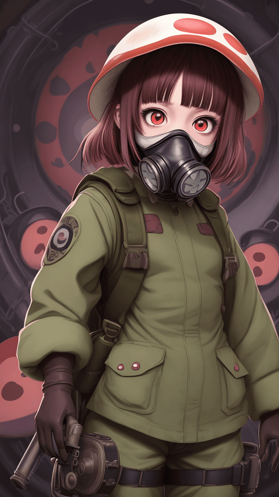 AI generated: portrait of a little mushroom girl. Wearing a gas mask. Prominent eyes, azuki illustration, anime, v...
