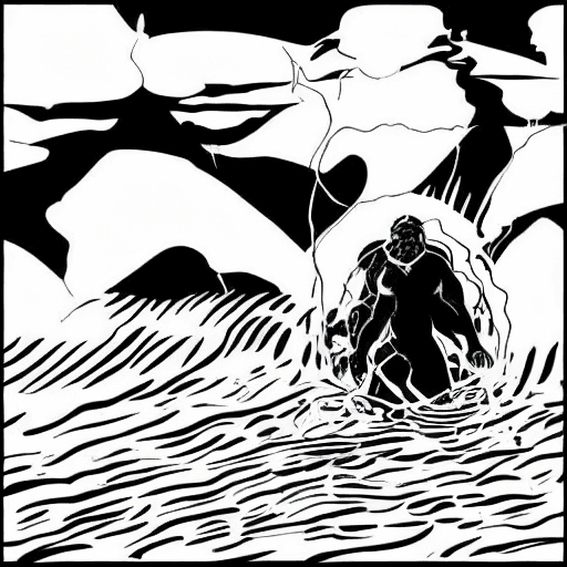 AI generated: black & white vector illustration of Moses dividing  the red sea, full-body shot, in landscape profi...