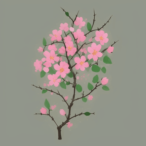 AI generated: Flower garden with pink flowers, very thin green stem, with abundant branches of thorns