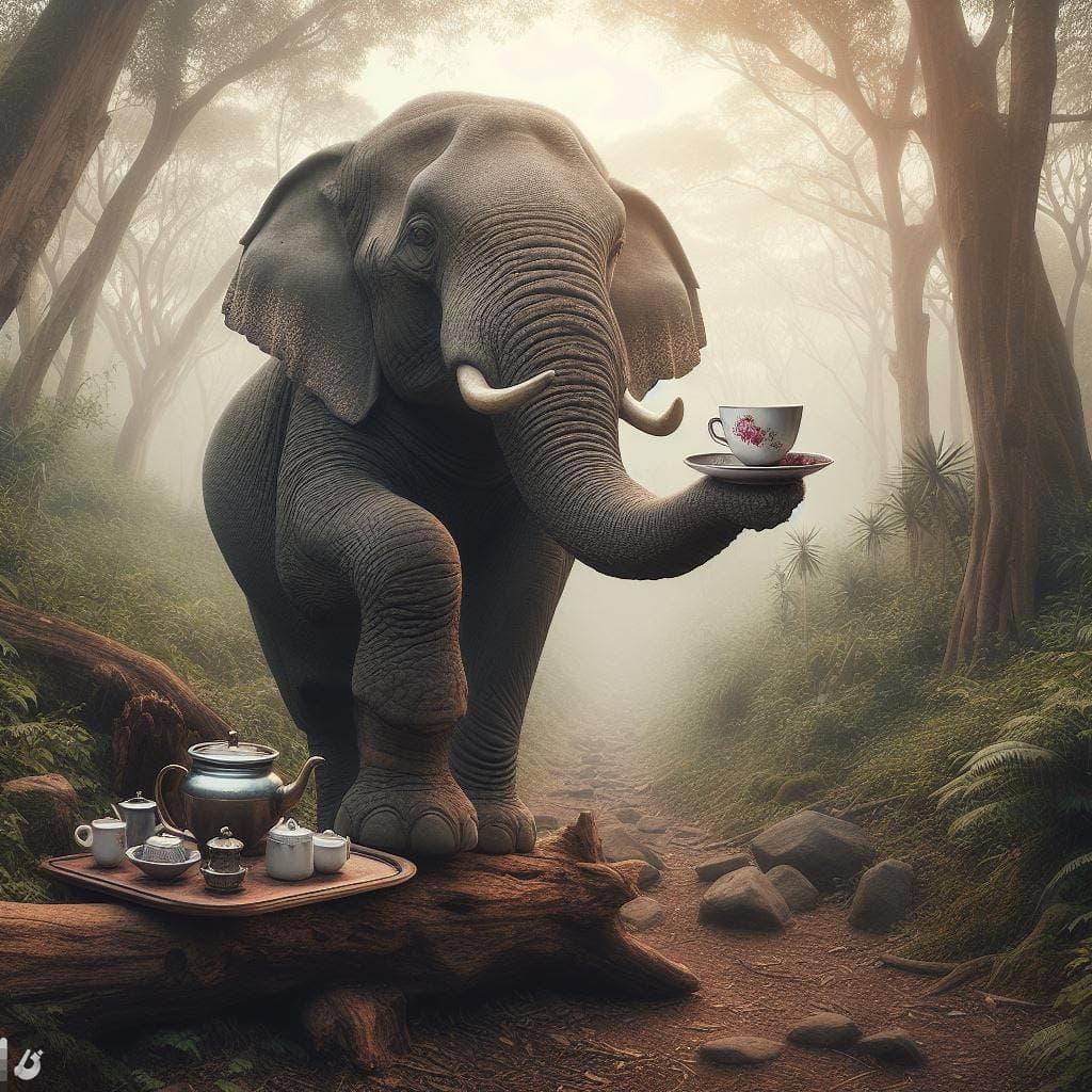 AI generated: elephant holding a teacup with its trunk in the wild
